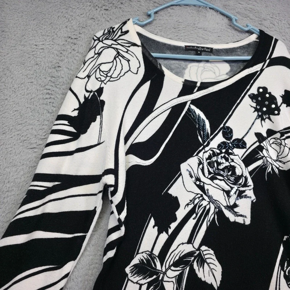 Pierri NY Sweater Womens M Black White‎ Floral Sequin Beaded Monochrome Elegant